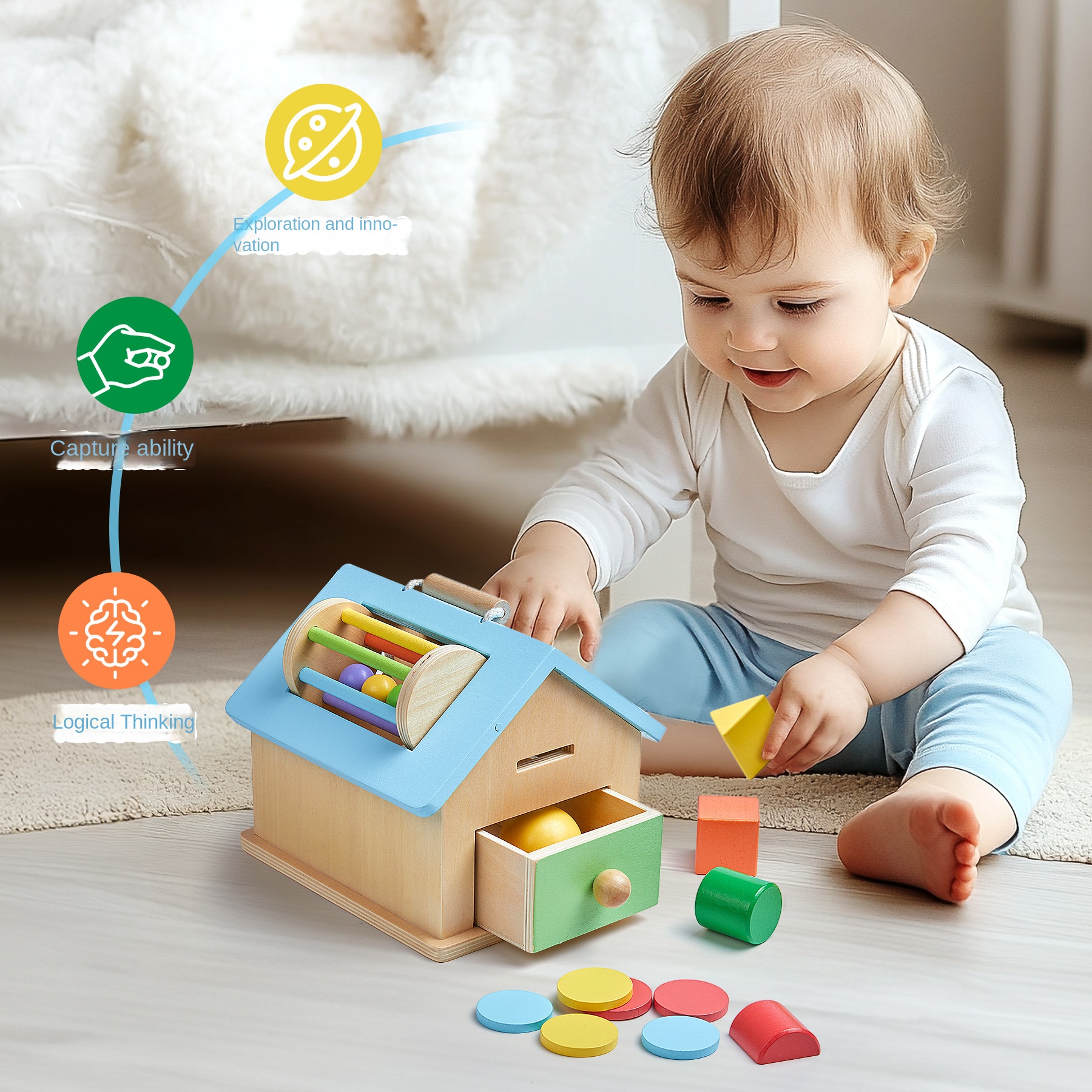 Montessori teaching aids 0-3 baby early education busy house wooden shape matching house drawer box puzzle toy - Image 4