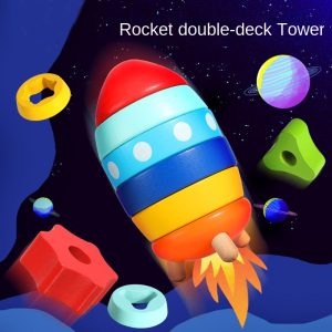 548993214 Stacked Rocket Wooden Children's Shape Matching Cognitive Geometry Toy Rainbow Tower Circle Stacked Music Collar Ring